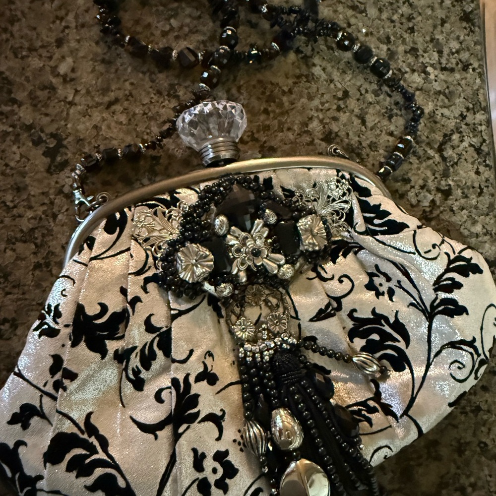 Vintage Mary Frances Ornate Beaded Floral Silver Clutch Purse Shoulder Strap